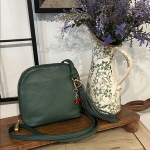 HOBO Forest Green Pebble Leather Crossbody with Tassel and Cherry Charm